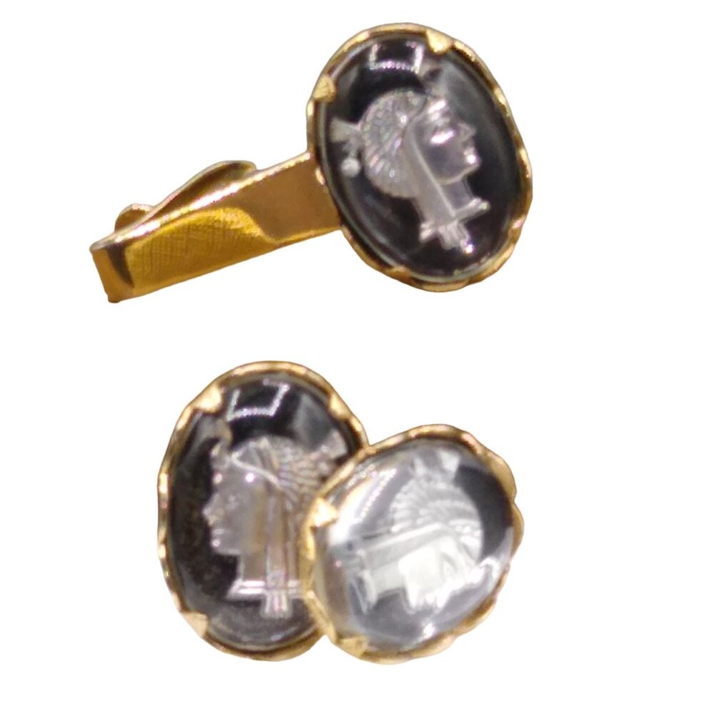 Vintage Egyptian Revival Cuff Links and Tie Clip, Black and Silver Acrylic Bubbl